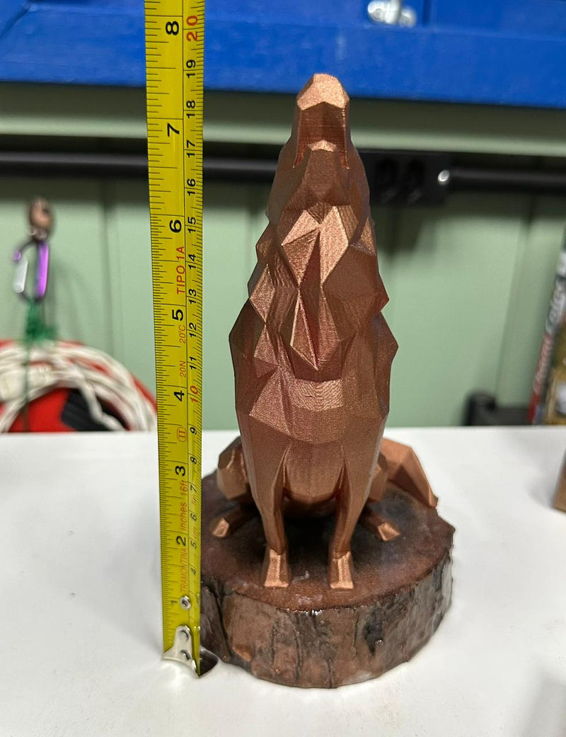 Estátua Lobo Geométrica Artesanal Bronze Base Madeira 3D