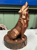 Estátua Lobo Geométrica Artesanal Bronze Base Madeira 3D