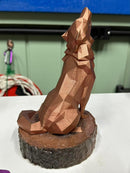 Estátua Lobo Geométrica Artesanal Bronze Base Madeira 3D